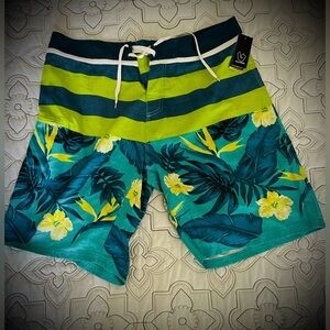 Burnside Mens Size 38 Green and Blue Striped Floral Surf Beach Swim Shorts